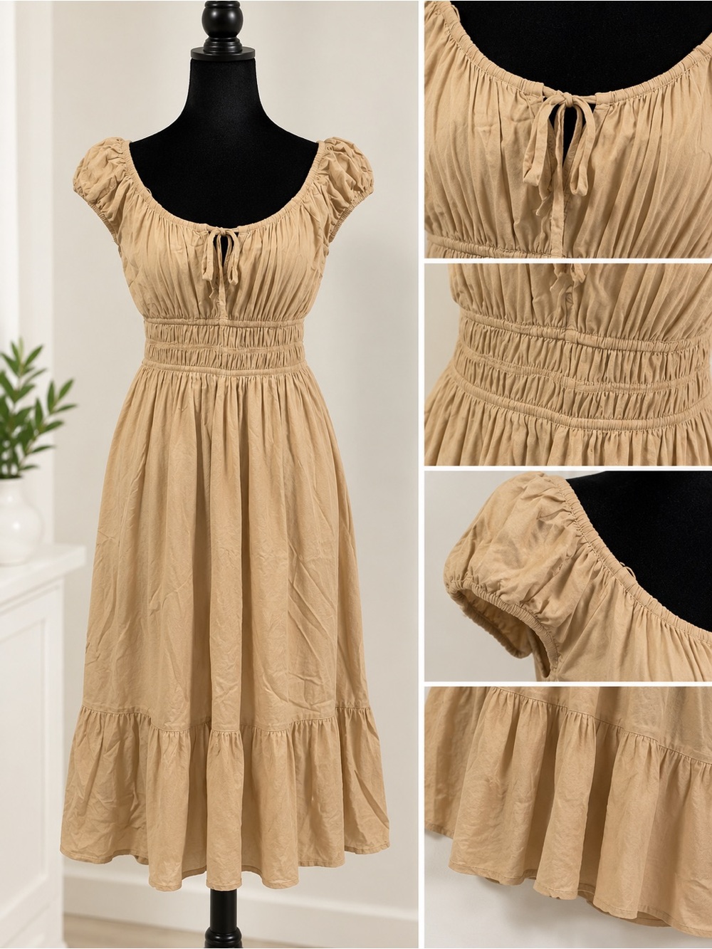 Derek Heart Tan Smocked-Waist Peasant Midi Dress